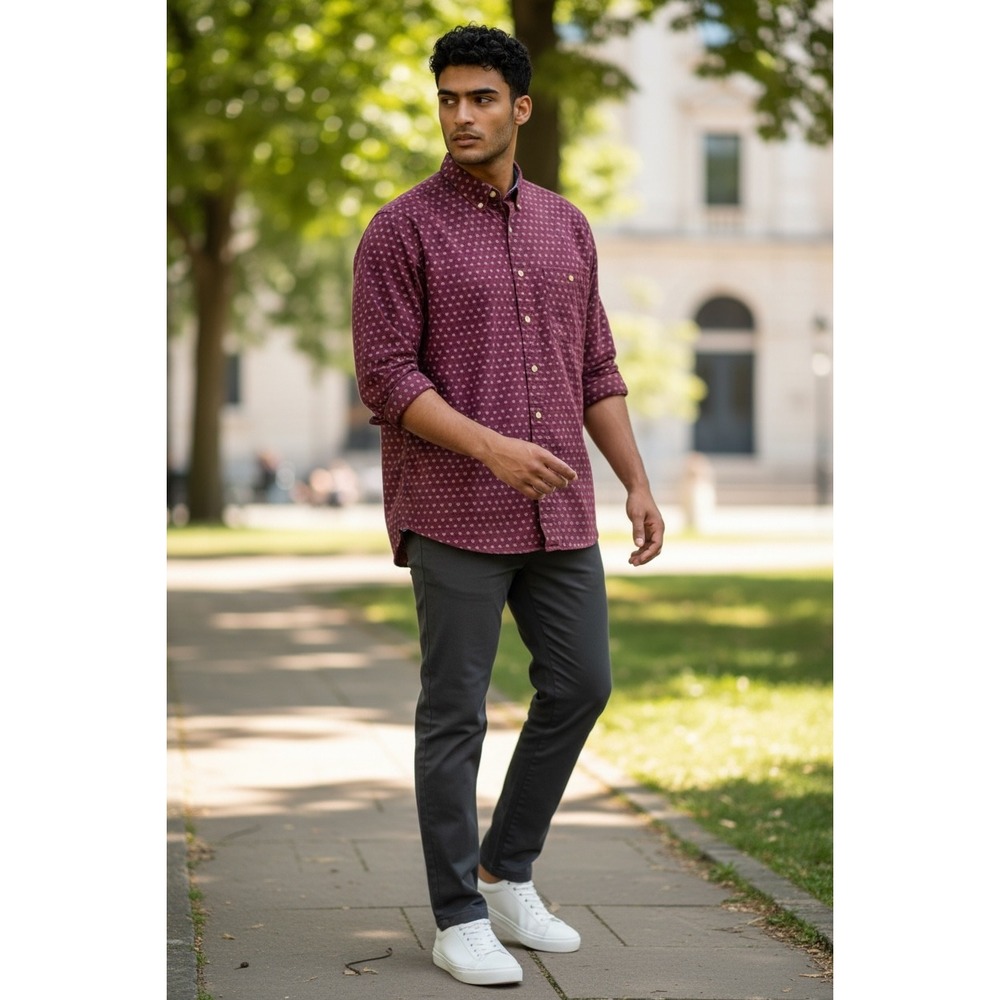 Cordova Mens Large Burgundy Geometric Print Button Down Shirt 100% Cotton L/S